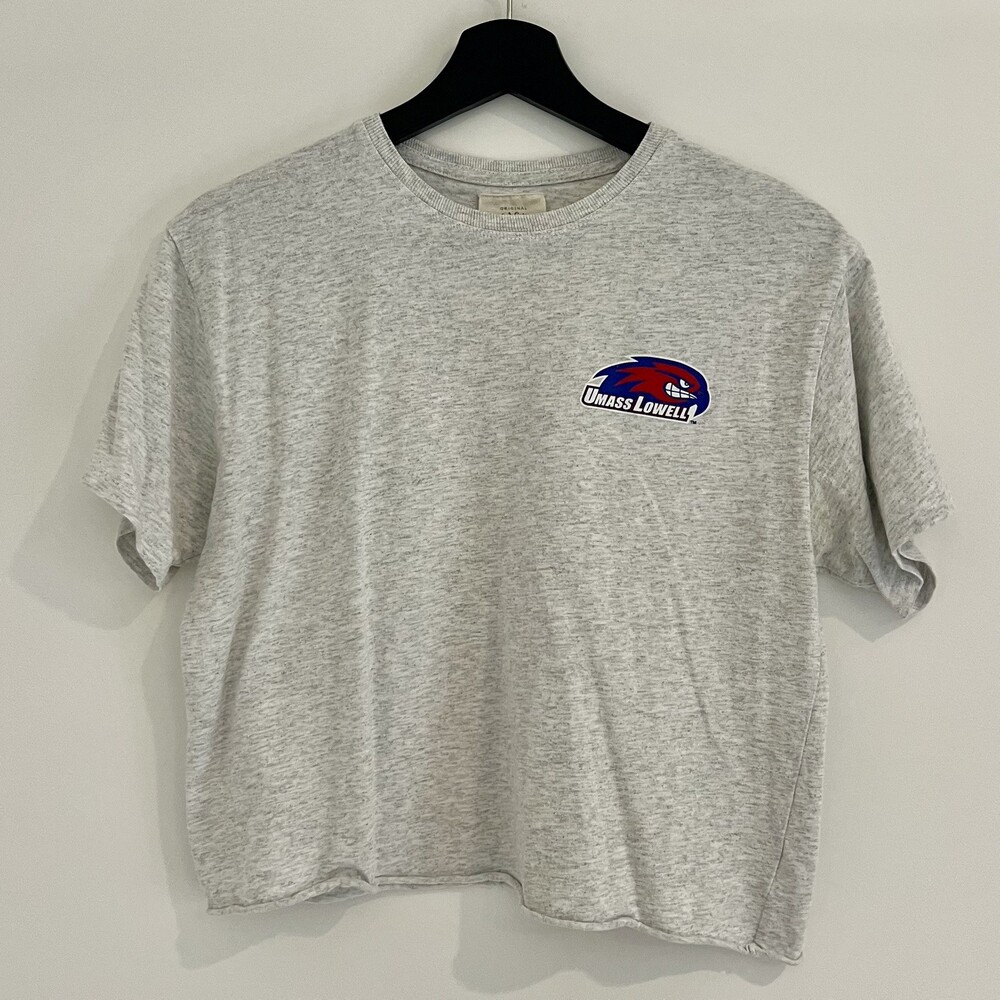 Original League T-Shirt Women Gray Logo UMass Lowell Cropped College Large